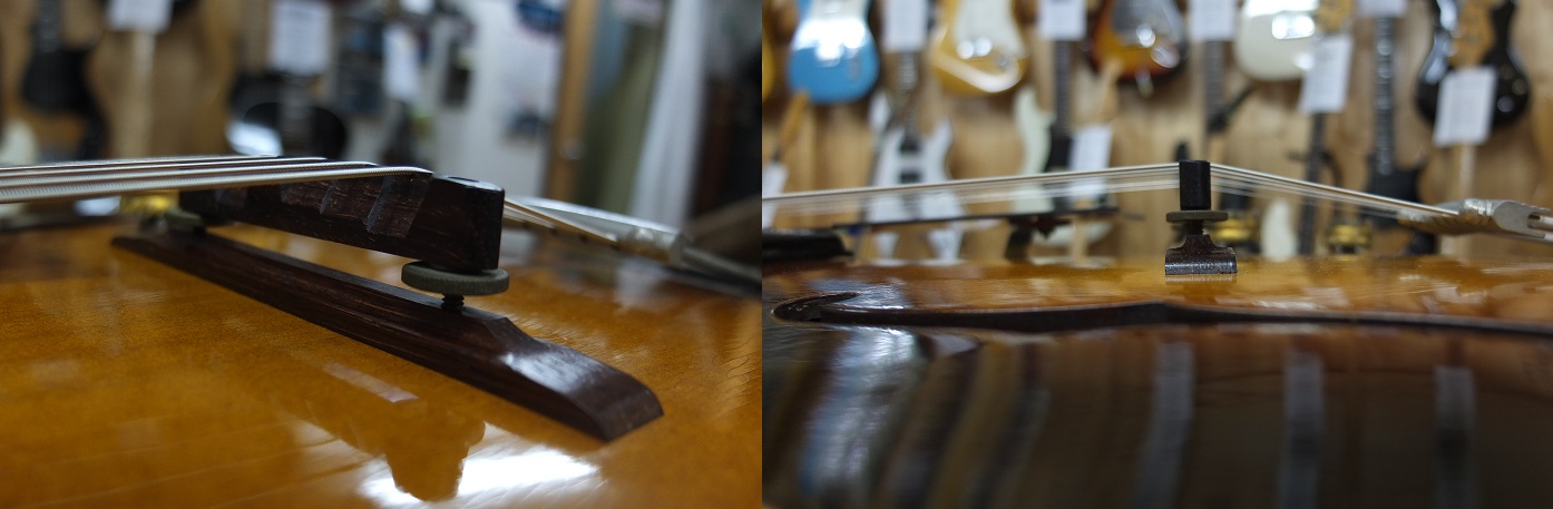 ボディトップは古いアーチトップギターでよく見られるトップ落ちが少し見られますが、ブリッジ底のRはジャスト。